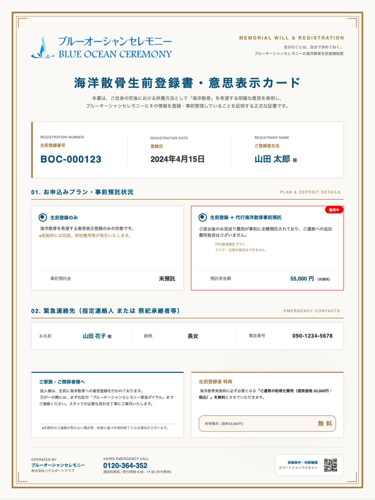 海洋散骨生前登録書（意思表示カード）